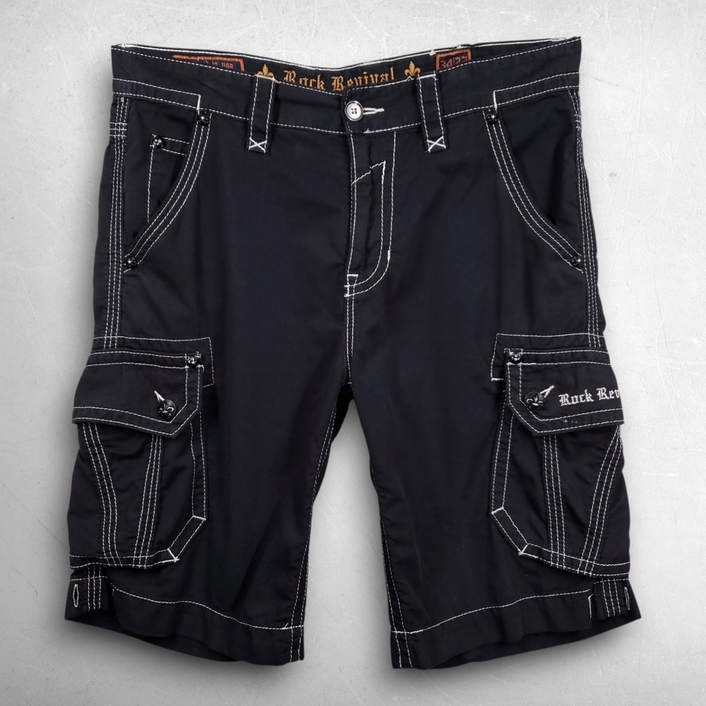Rock Revival RCM051-3 Cargo Shorts Men 34 Black Contrast Stitch Grunge Skater